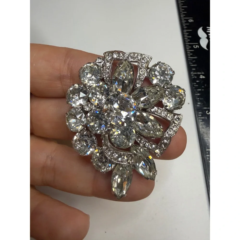 Eisenberg Ice Clear Rhinestone Floral Brooch Silver Tone Marquise Round Pin